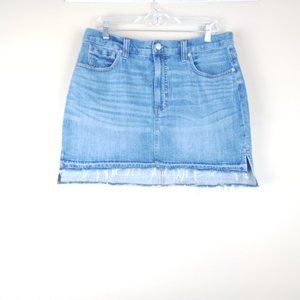 MADEWELL| Medium Wash Mini Denim Skirt Hi-Low Raw Hem Side Slits Size 12